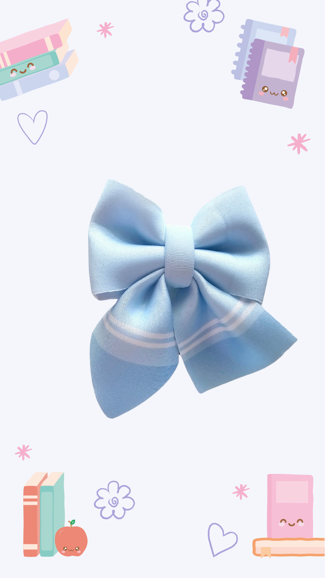 Handmade pastel blue crayon hair bow ponytail holder for girls, perfect for back-to-school outfits and the first day of school.