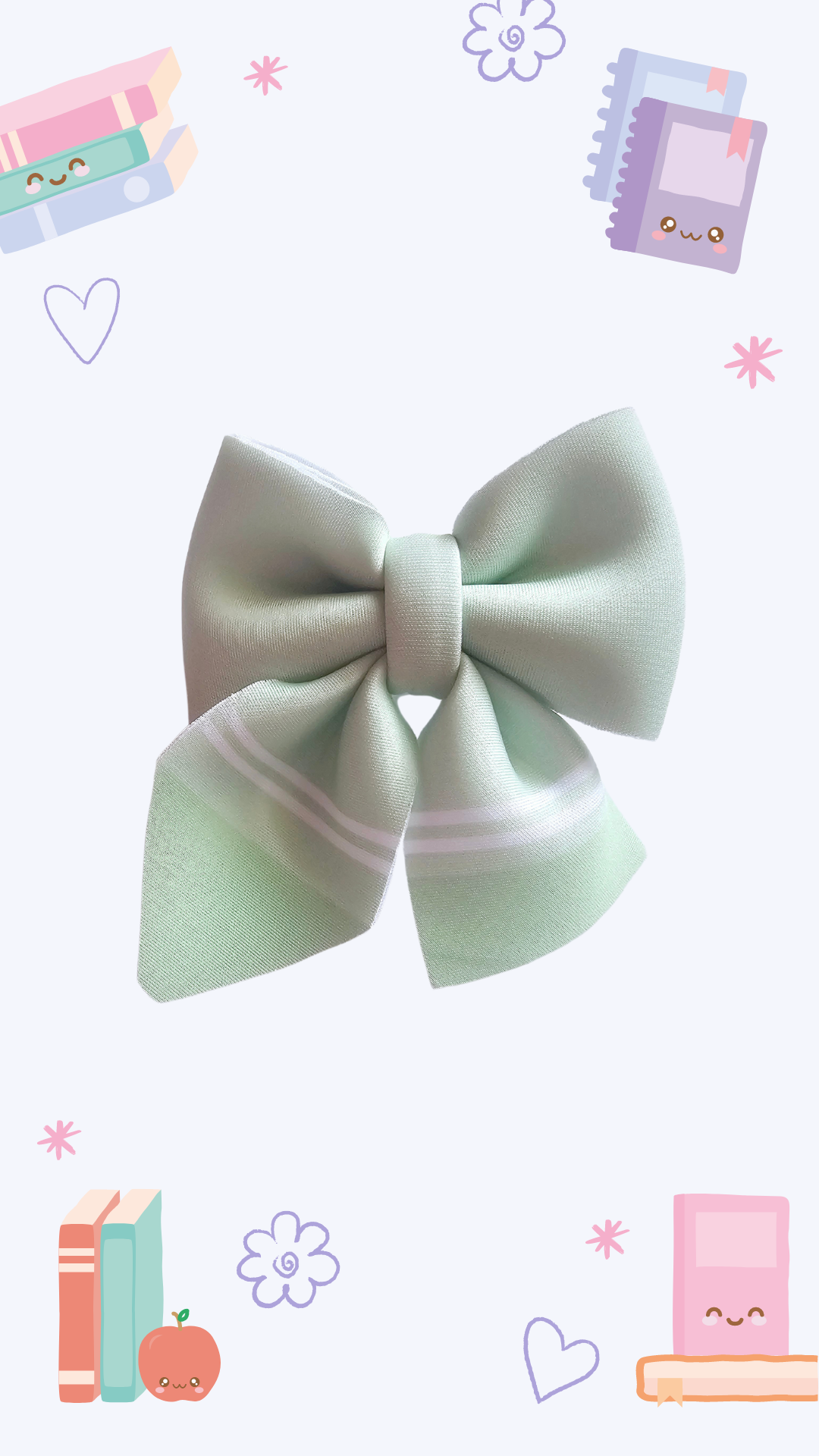 Handmade pastel green crayon hair bow ponytail holder for girls, perfect for back-to-school outfits and the first day of school.
