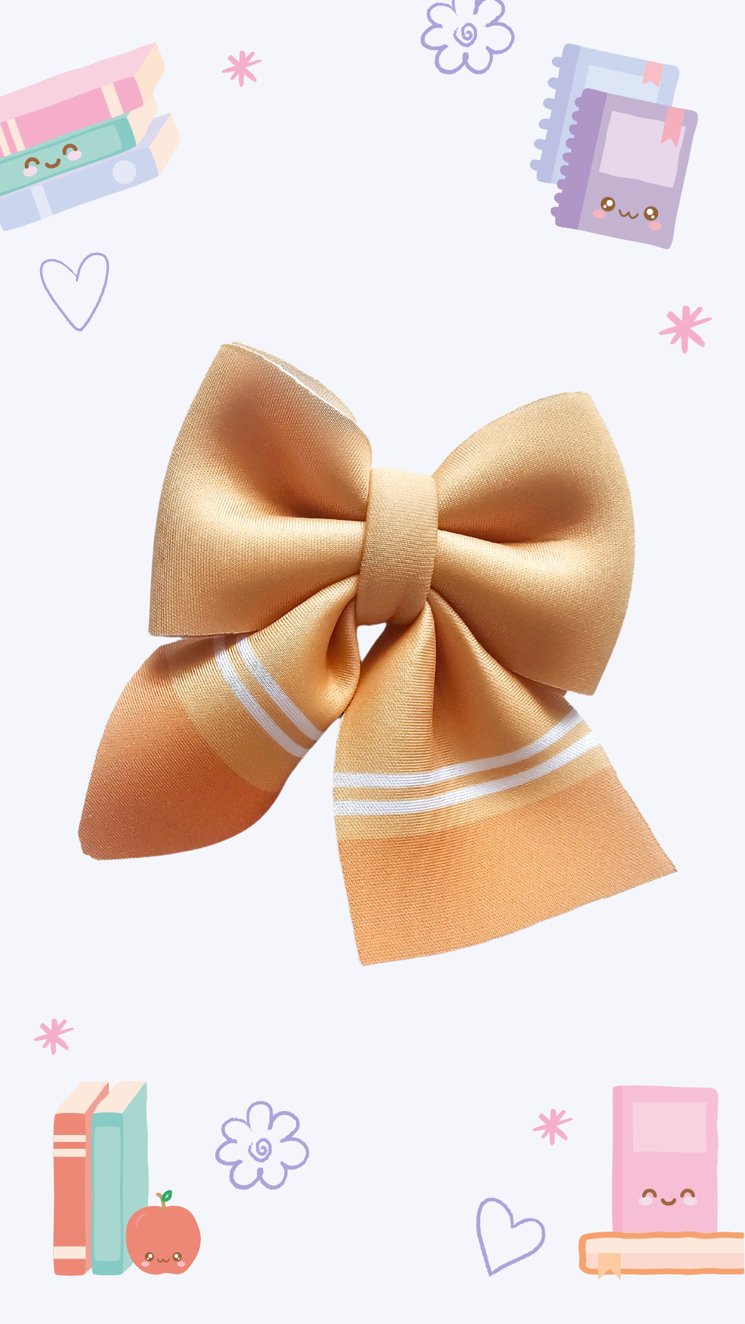 Handmade pastel orange crayon hair bow ponytail holder for girls, perfect for back-to-school outfits and the first day of school.