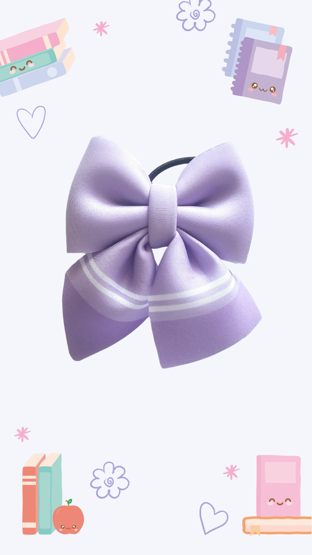 Handmade pastel purple crayon hair bow ponytail holder for girls, perfect for back-to-school outfits and the first day of school.