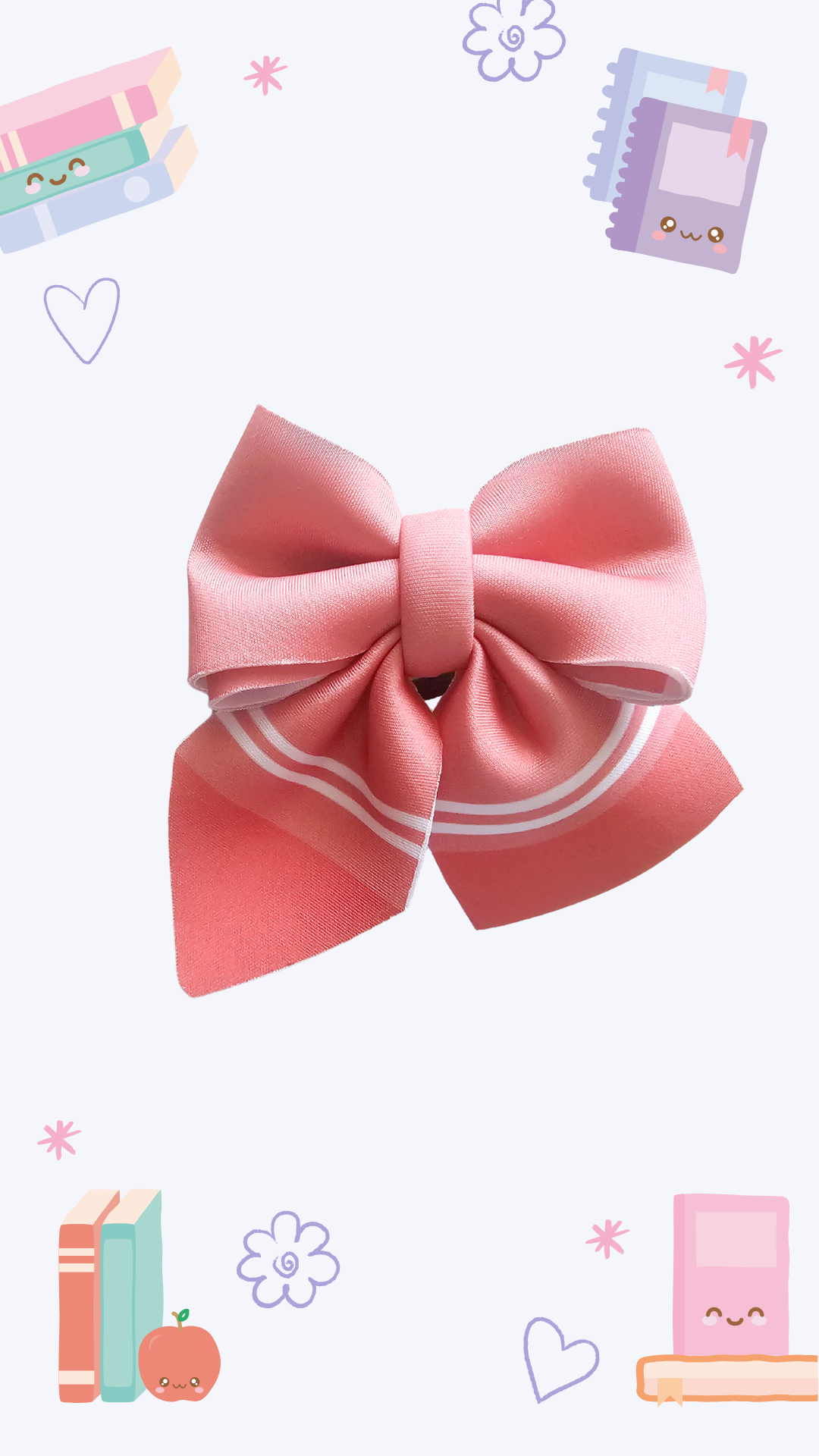 Handmade pastel red crayon hair bow ponytail holder for girls, perfect for back-to-school outfits and the first day of school.