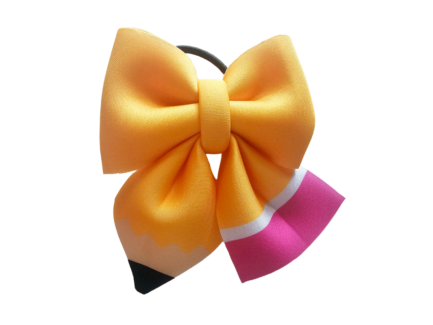Handmade yellow pencil hair bow ponytail holder for girls, perfect for back-to-school outfits and the first day of school.