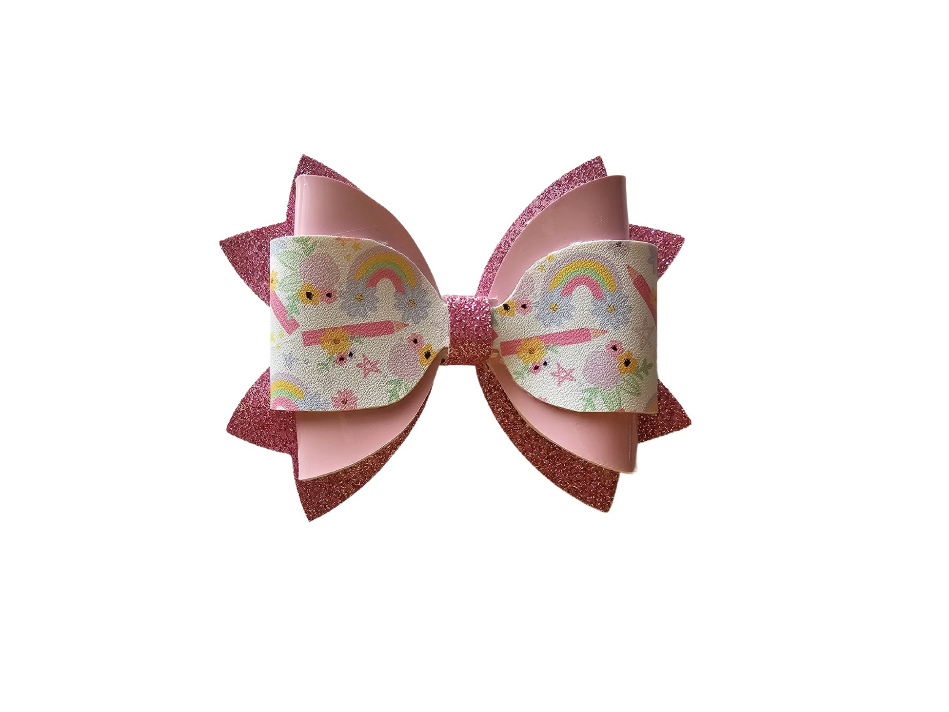 Handmade pink pencil doodle hair how with rainbow pink and glitter accents for girls, perfect for back-to-school outfits and picture day. 