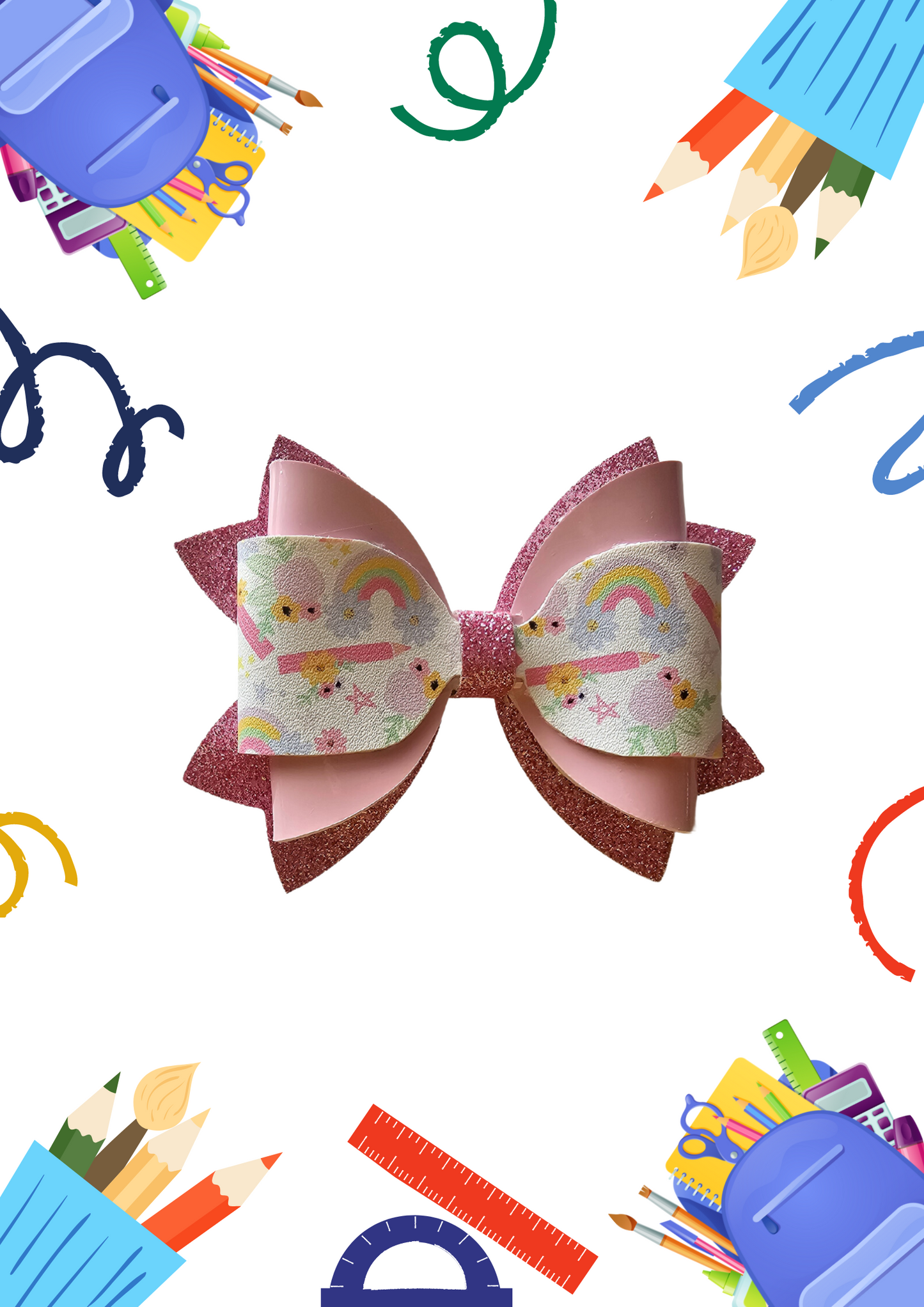 Handmade pink pencil doodle hair how with rainbow pink and glitter accents for girls, perfect for back-to-school outfits and picture day. 
