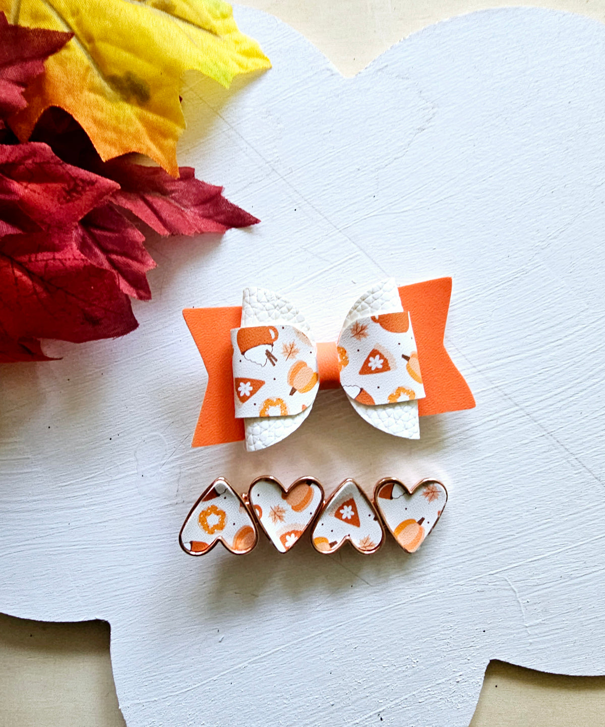 Handmade Pumpkin Spice faux leather hair bow set featuring two boutique bows for babies, toddlers, and girls.