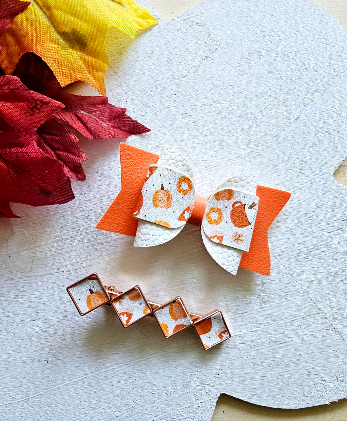 Handmade Pumpkin Spice faux leather hair bow set featuring two boutique bows for babies, toddlers, and girls.
