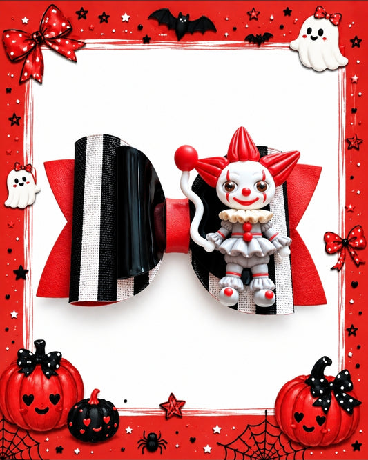 Handmade Scary Clown Halloween hair bow featuring glitter accents and a detailed creepy clown centerpiece for girls.