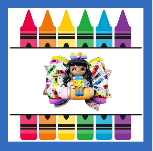 Handmade school girl hair bow featuring a black-haired student, perfect for back-to-school outfits and picture day.