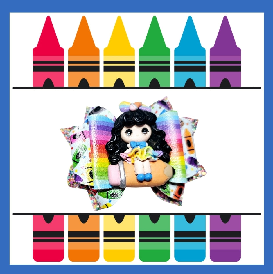 Handmade school girl hair bow featuring a black-haired student, perfect for back-to-school outfits and picture day.