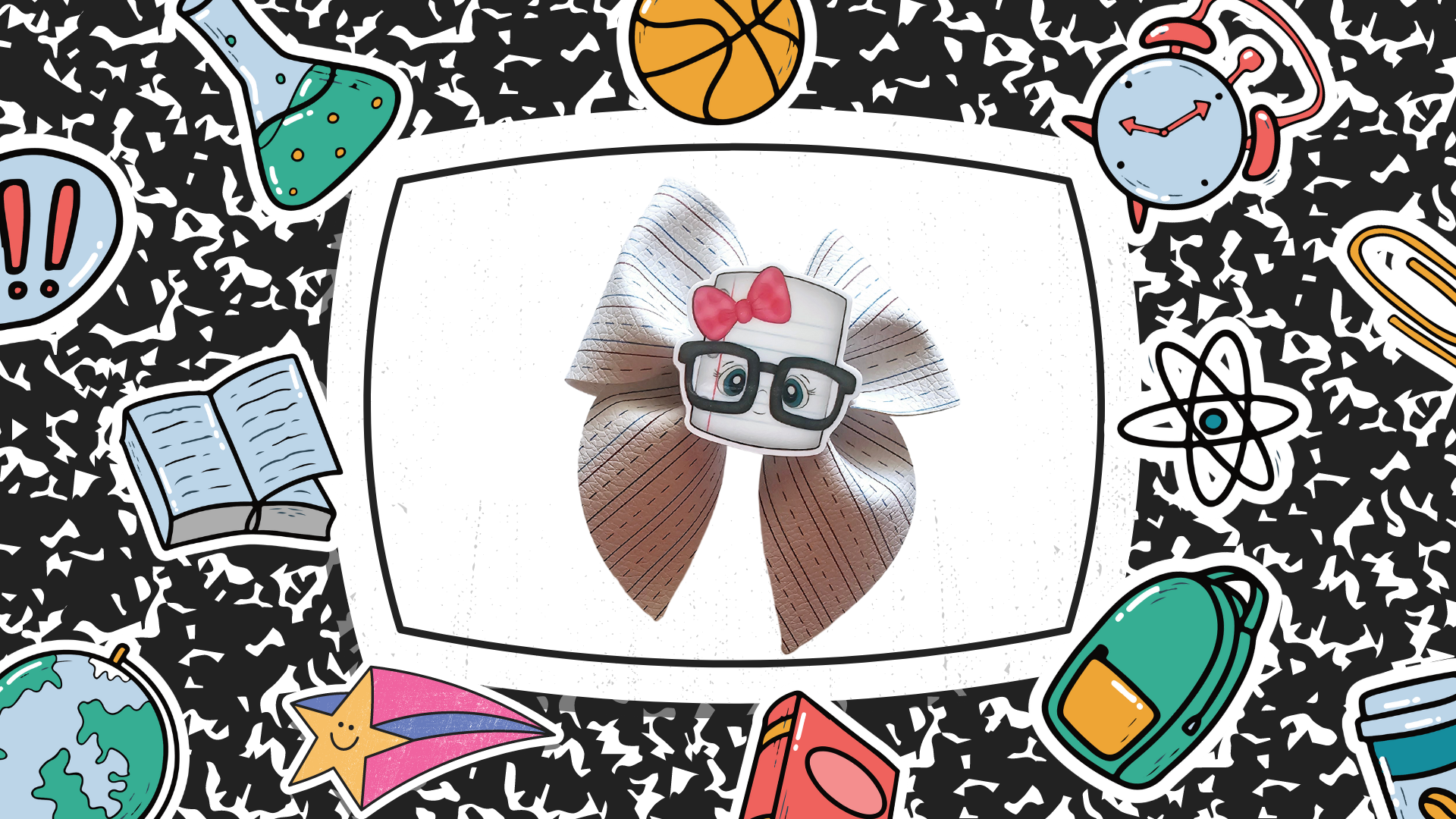 Handmade school notebook ponytail holders for girls featuring notebook-inspired designs, perfect for back-to-school outfits, picture day, and everyday school wear.