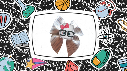 Handmade school notebook ponytail holders for girls featuring notebook-inspired designs, perfect for back-to-school outfits, picture day, and everyday school wear.