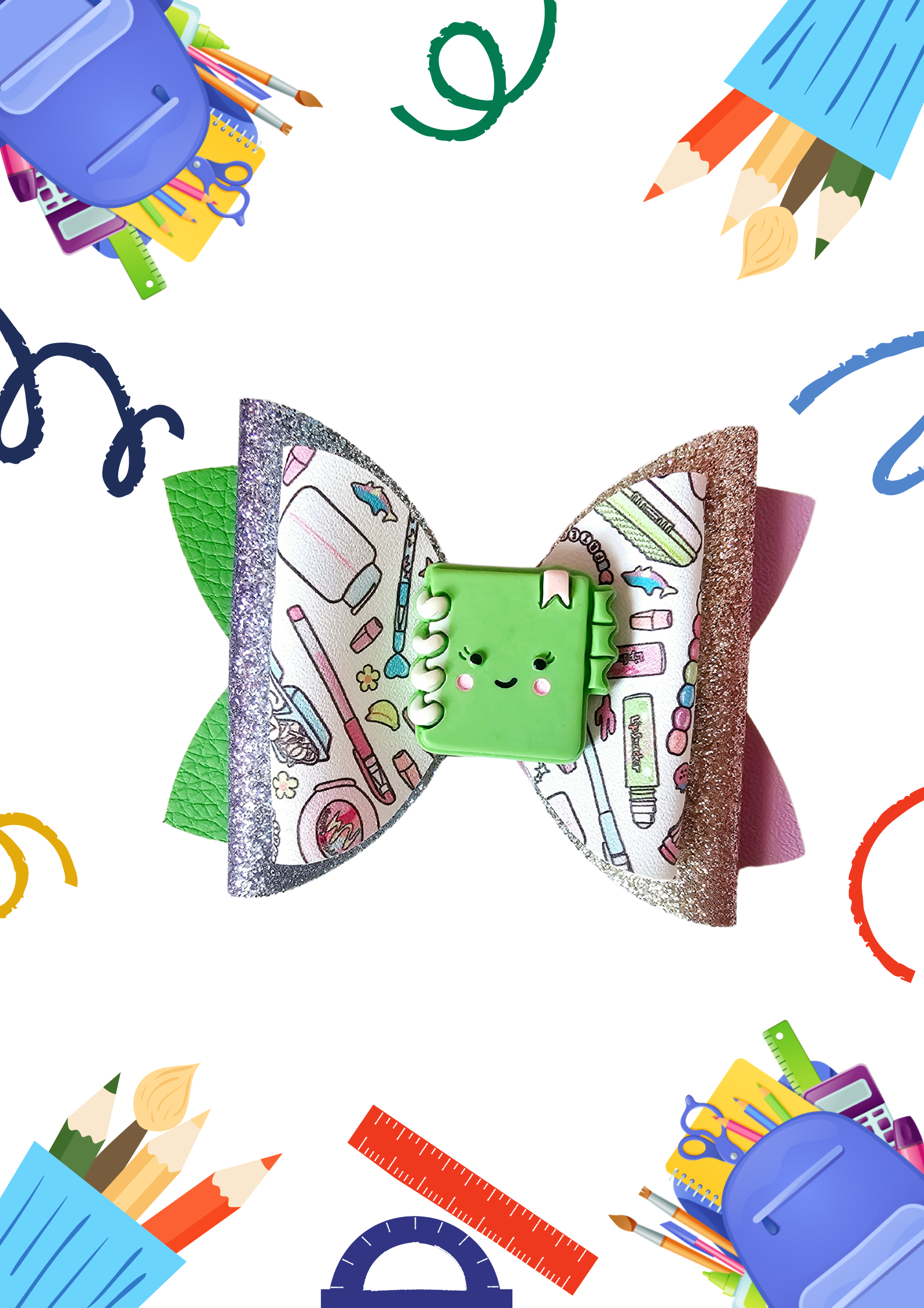 Handmade school supplies hair bows made from faux leather featuring colorful classroom designs, perfect for girls' back-to-school outfits.