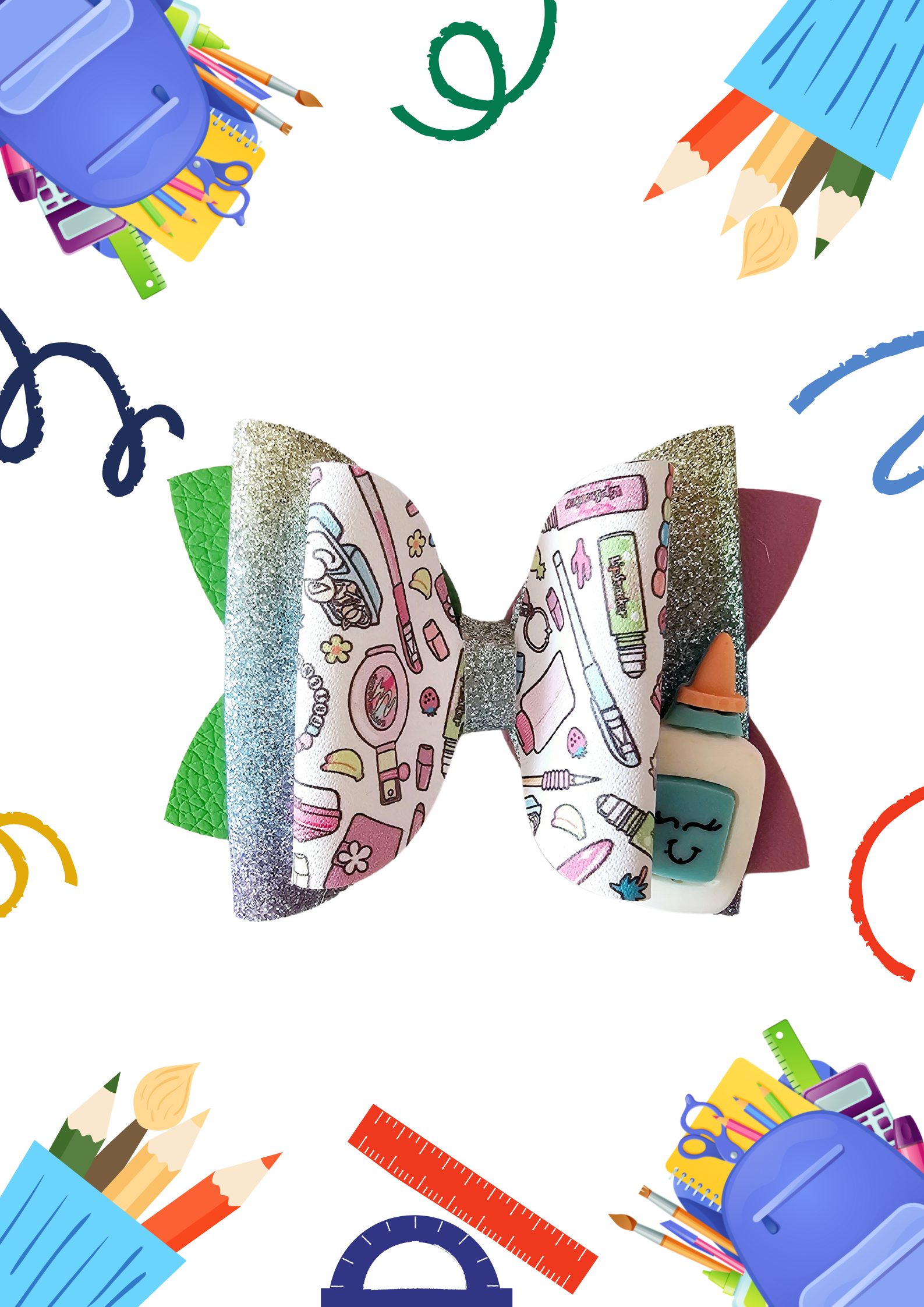 Handmade school supplies hair bows made from faux leather featuring colorful classroom designs, perfect for girls' back-to-school outfits.