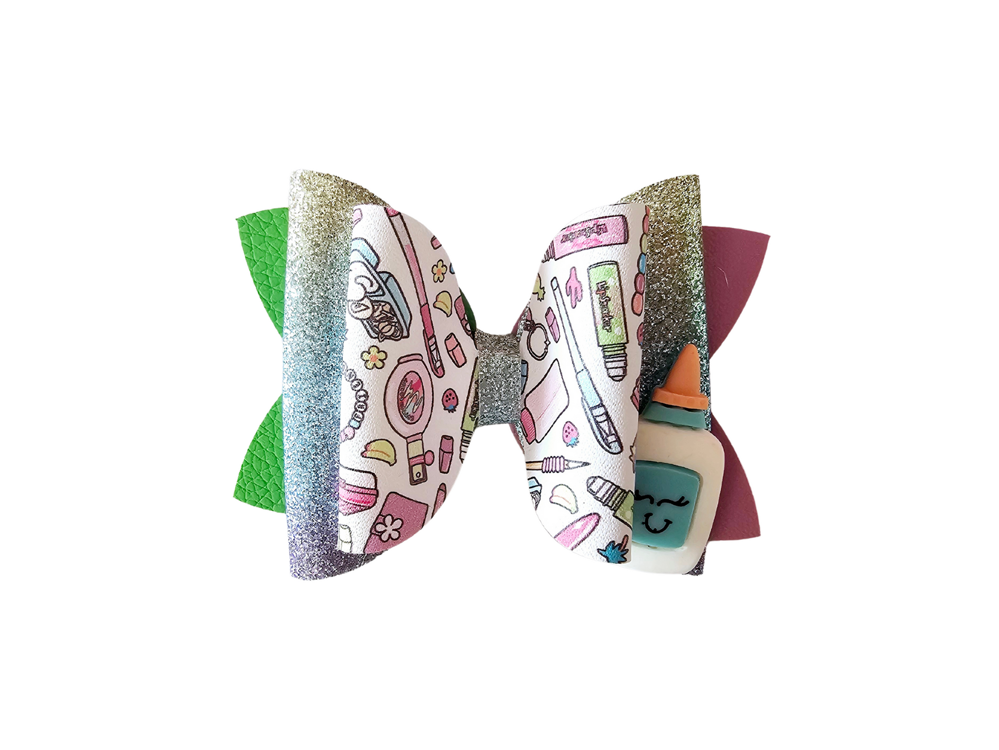 Handmade school supplies hair bows made from faux leather featuring colorful classroom designs, perfect for girls' back-to-school outfits.