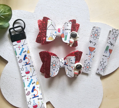 Handmade Science Is Life purse, hair bow, and wristlet bundle for girls. A STEM-inspired accessory set perfect for back-to-school, science fairs, classroom events, and future scientists.
