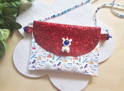 Handmade Science Is Life purse, hair bow, and wristlet bundle for girls, perfect for STEM lovers, science fairs, and back-to-school outfits.