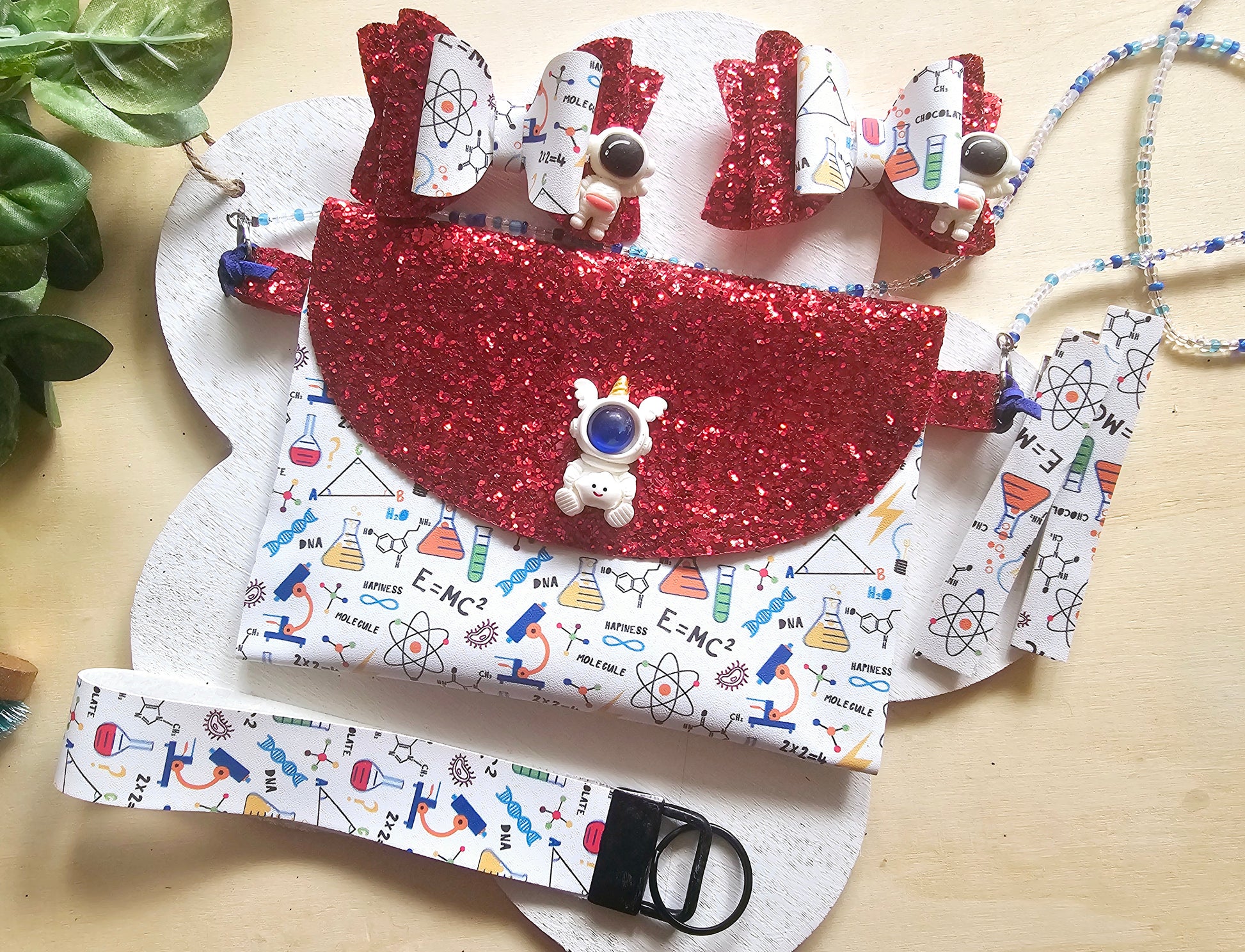 Handmade Science Is Life purse, hair bow, and wristlet bundle for girls, perfect for STEM lovers, science fairs, and back-to-school outfits.
