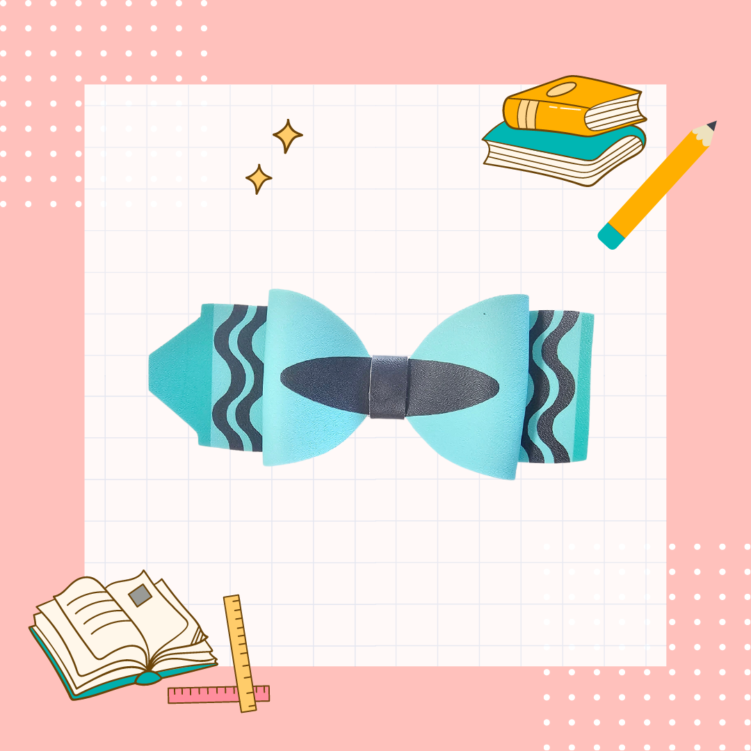 Handmade crayon hair bow for girls, perfect for back-to-school outfits, picture day, and preschool students.