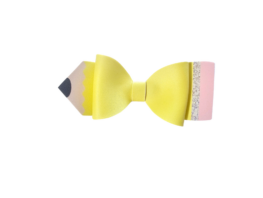 Handmade colored pencil hair bow for girls, perfect for back-to-school outfits, picture day, and creative students.