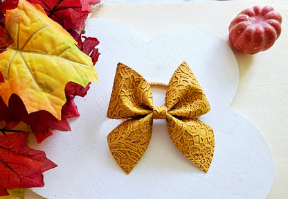 Handmade yellow lace faux leather ponytail holder with matching hair clips for girls
