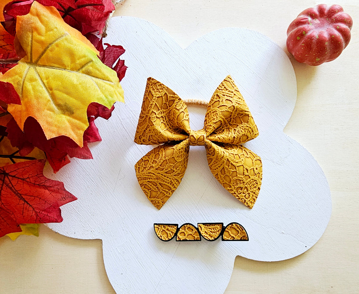 Handmade yellow lace faux leather ponytail holder with matching hair clips for girls