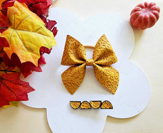 Handmade yellow lace faux leather ponytail holder with matching hair clips for girls
