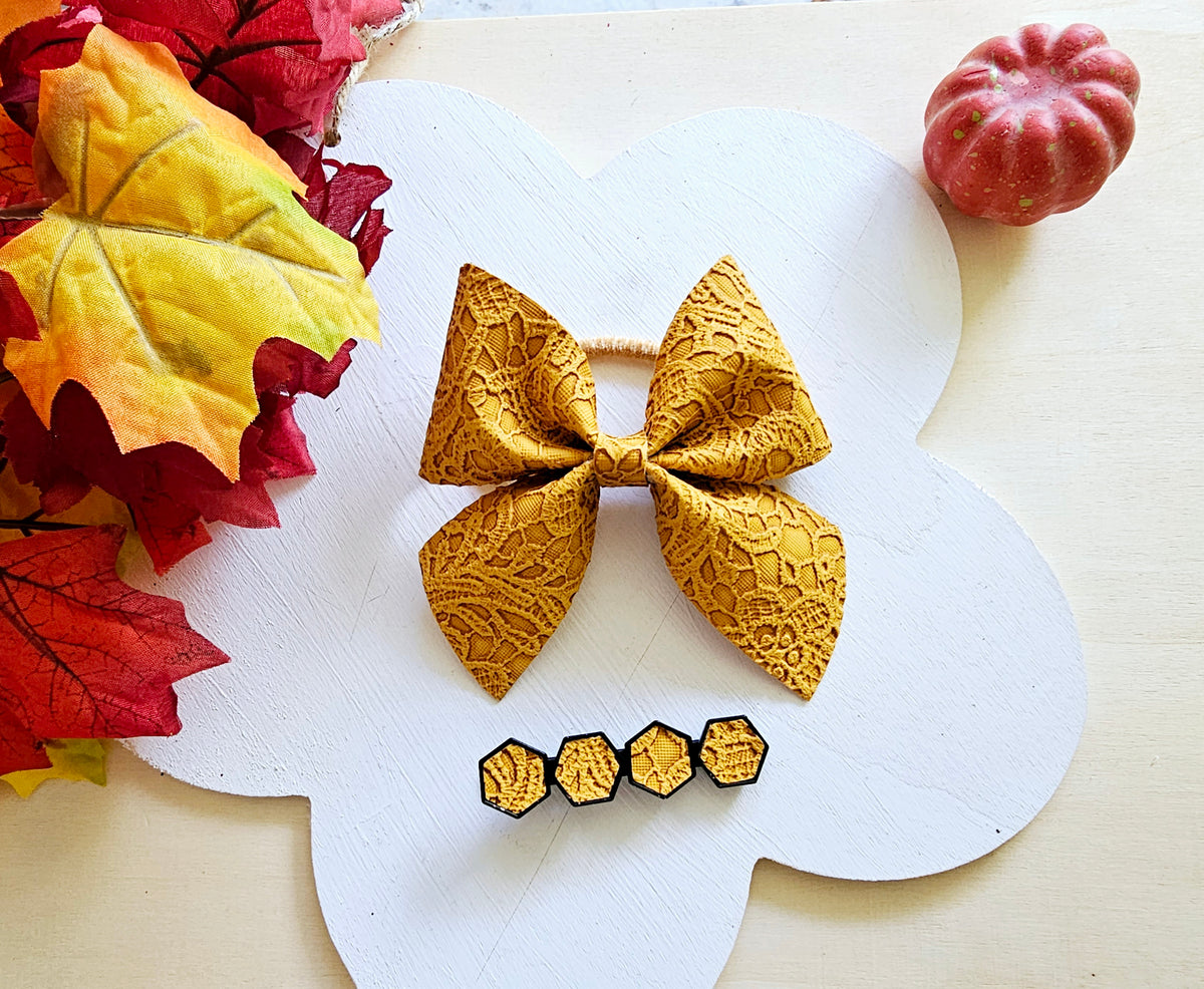 Handmade yellow lace faux leather ponytail holder with matching hair clips for girls