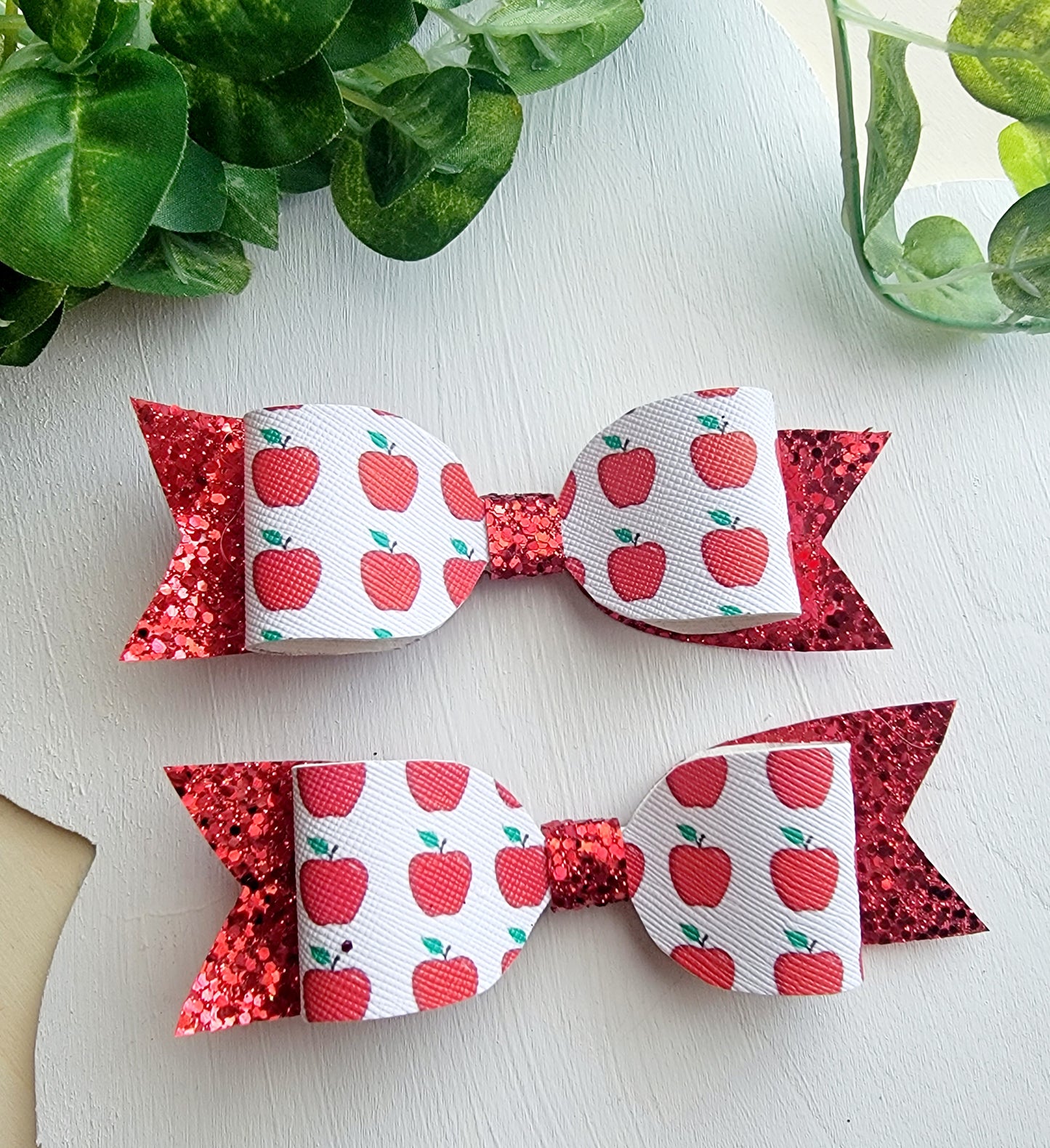 Handmade Apples Galore purse set featuring an apple-themed purse and two matching hair bows for girls, perfect for back-to-school outfits.