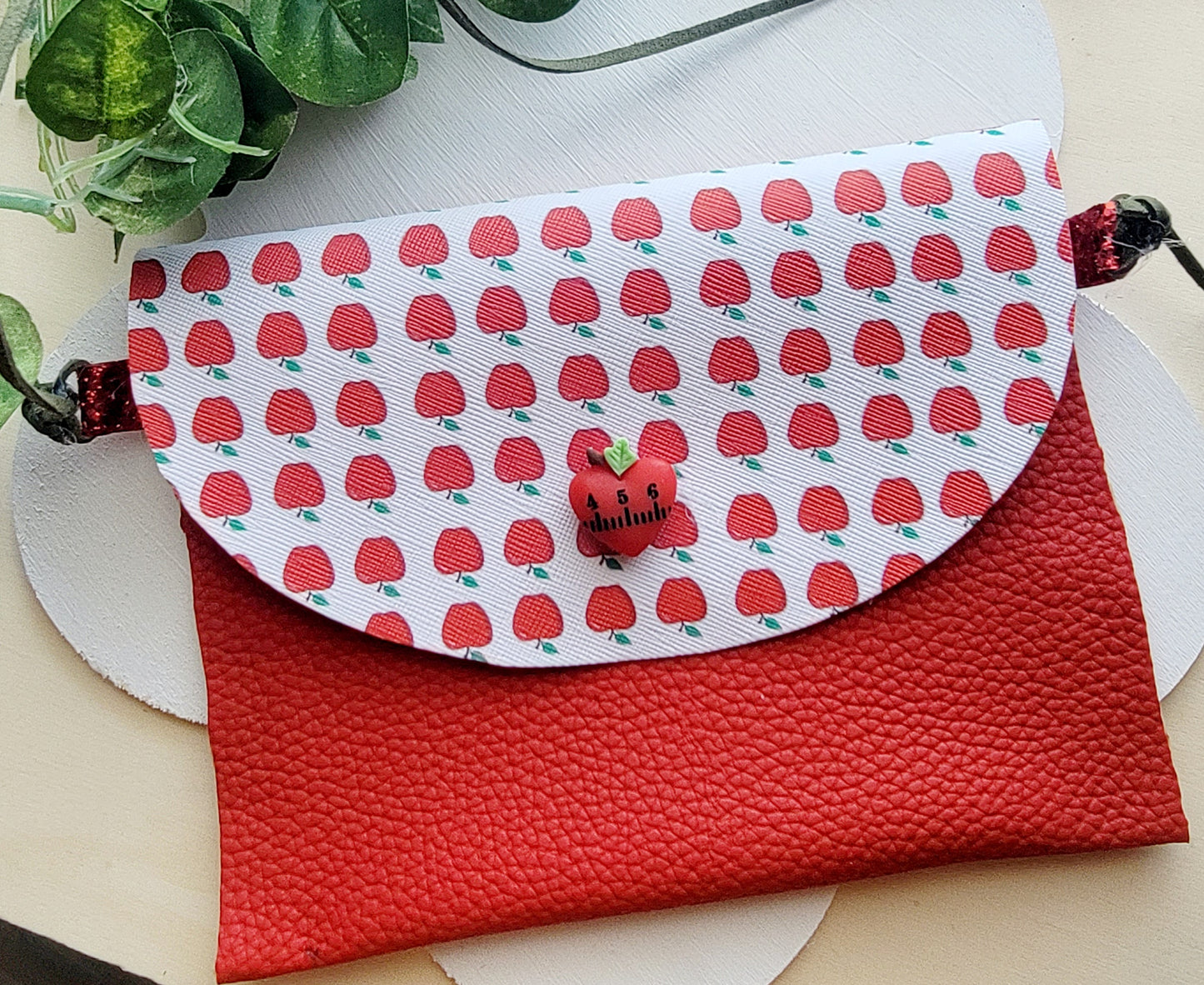 Handmade Apples Galore purse set featuring an apple-themed purse and two matching hair bows for girls, perfect for back-to-school outfits.