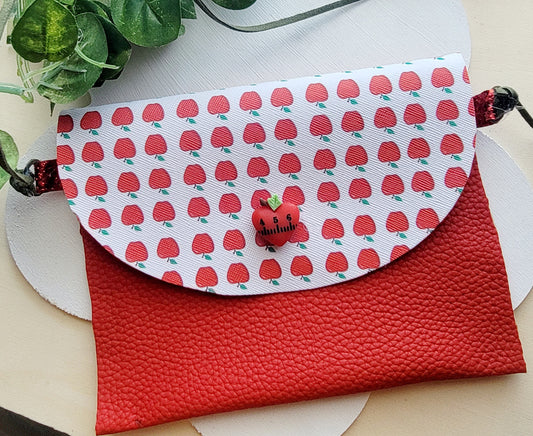 Handmade Apples Galore purse set featuring an apple-themed purse and two matching hair bows for girls, perfect for back-to-school outfits.