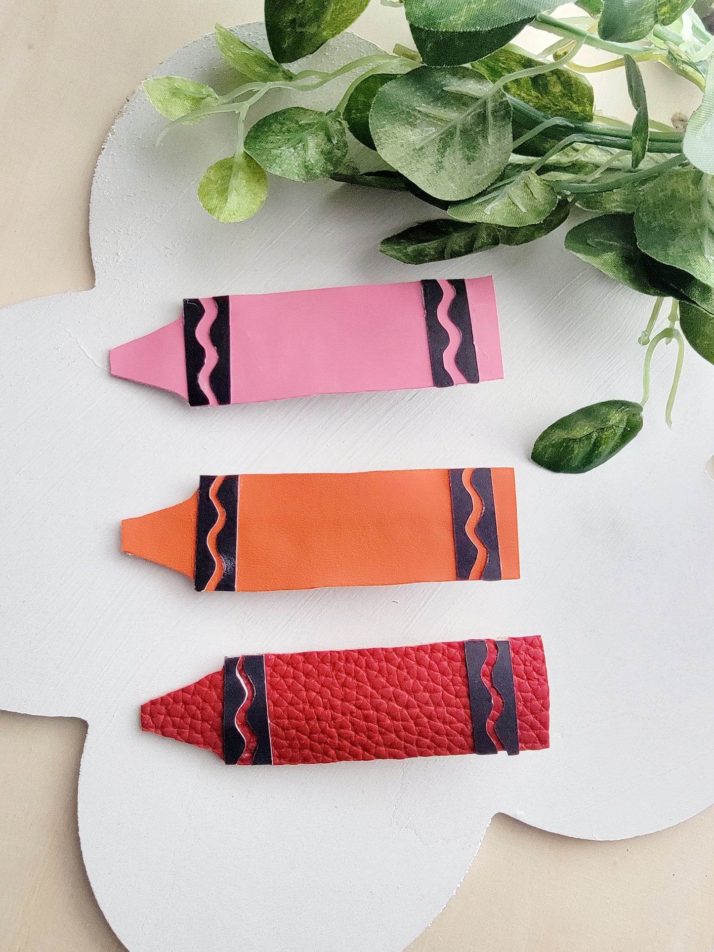 Handmade crayon hair clips for girls, perfect for back-to-school outfits, picture day, and everyday school wear.