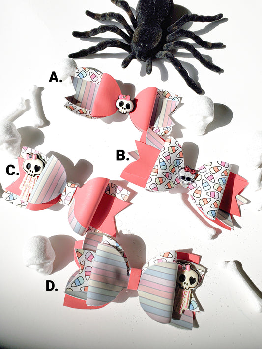 Handmade heat-changing skeleton girl hair bows in a 2-pack, perfect for Halloween costumes and spooky season.